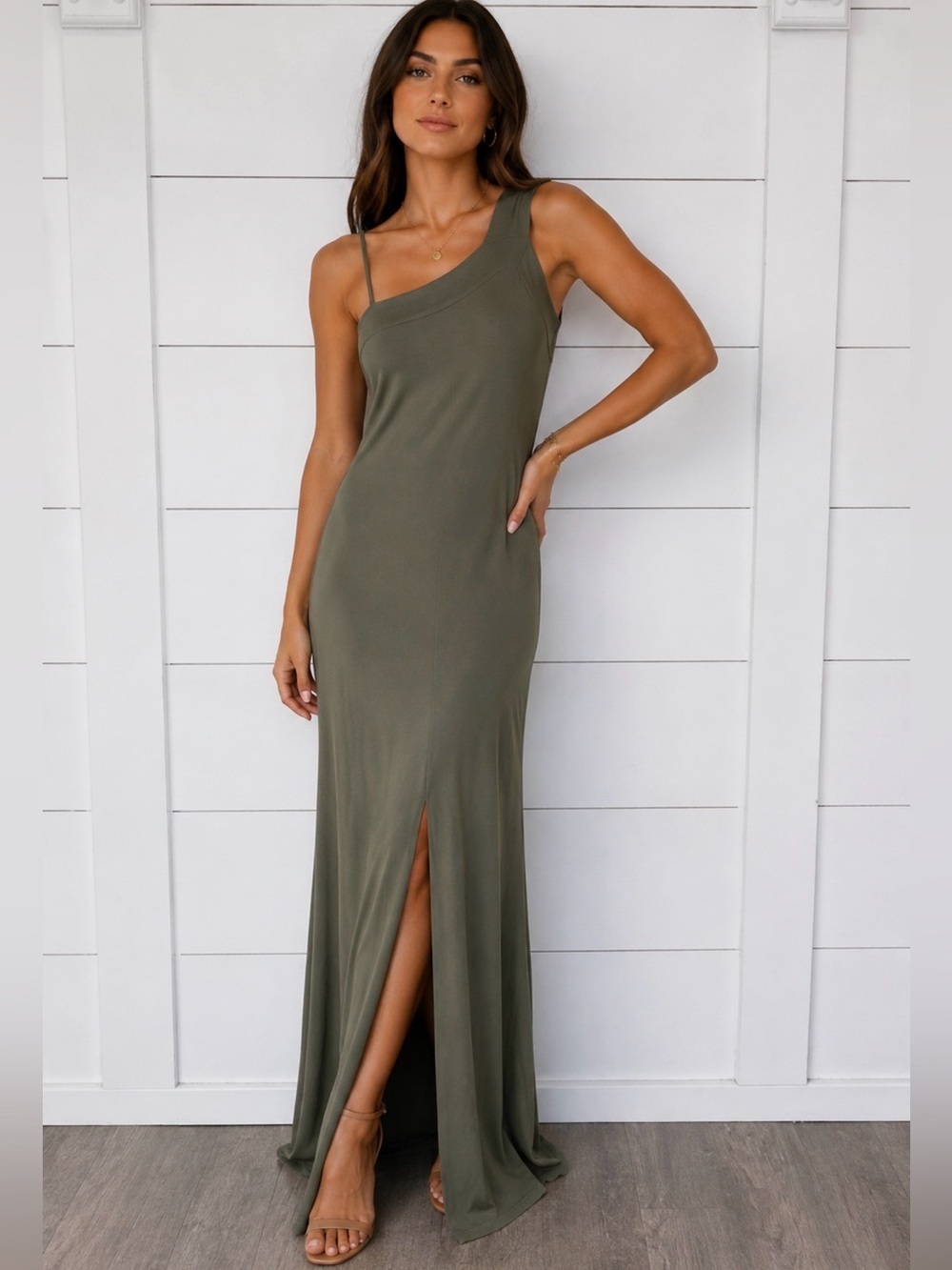 MOB G (L) olive green one shoulder front slit softcore euro summer maxi dress